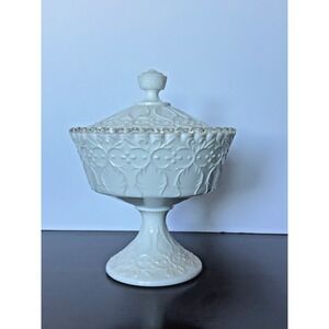 Fenton Milk Glass Silver Crest With Spanish Lace Footed Candy Box With Lid